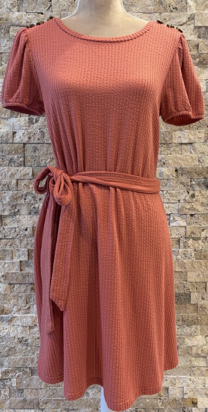 LC Lauren Conrad Womens M Rust Textured Knit Belted Dress Puff Sleeve Fall